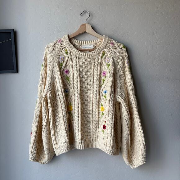 The Great. Sweater Floral Embroidered Cable Knit Pullover Sweater Cream Size 1/S - Picture 2 of 9